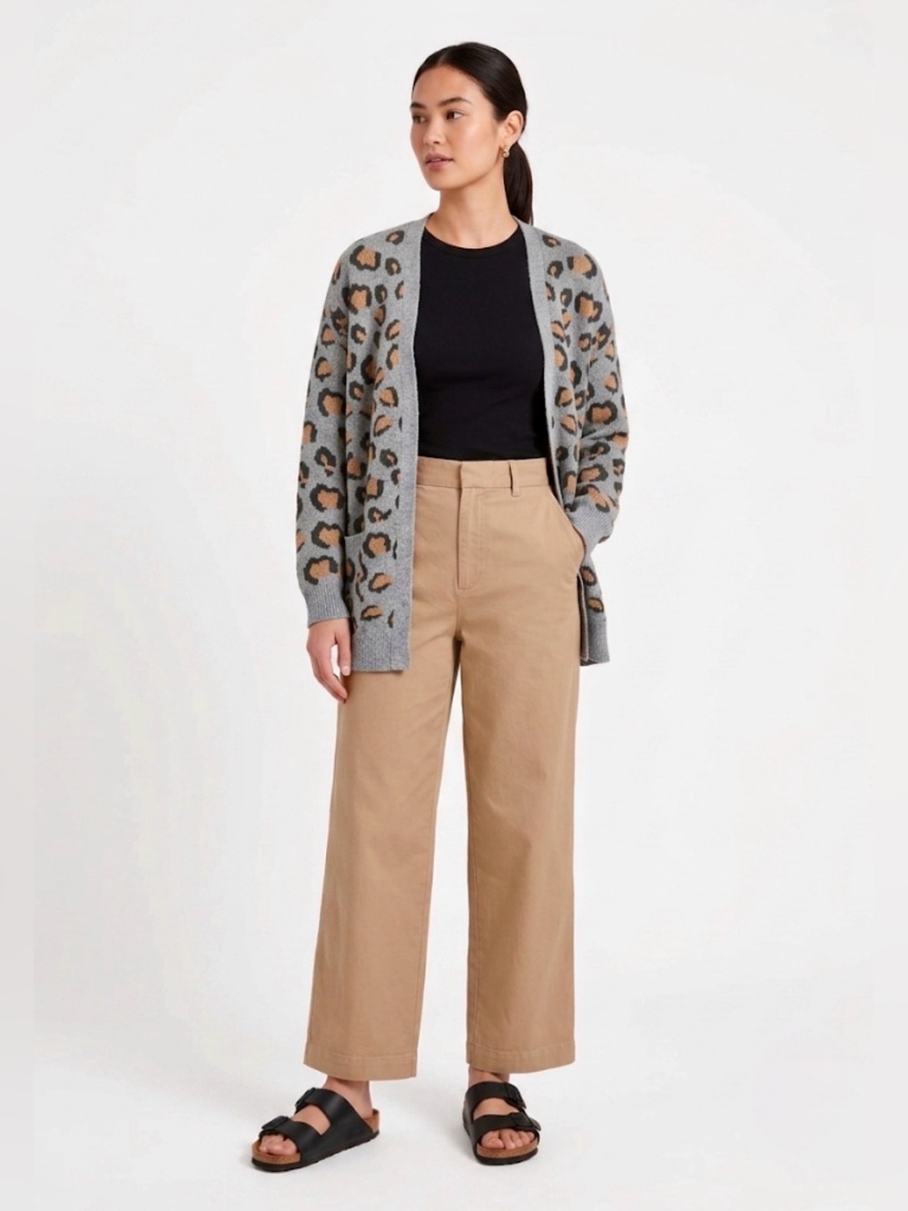 HAYDEN Los Angeles Grey Leopard Print Open Front Cardigan Sweater S/M Pockets
